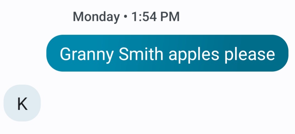 Text message requesting Granny Smith apples please